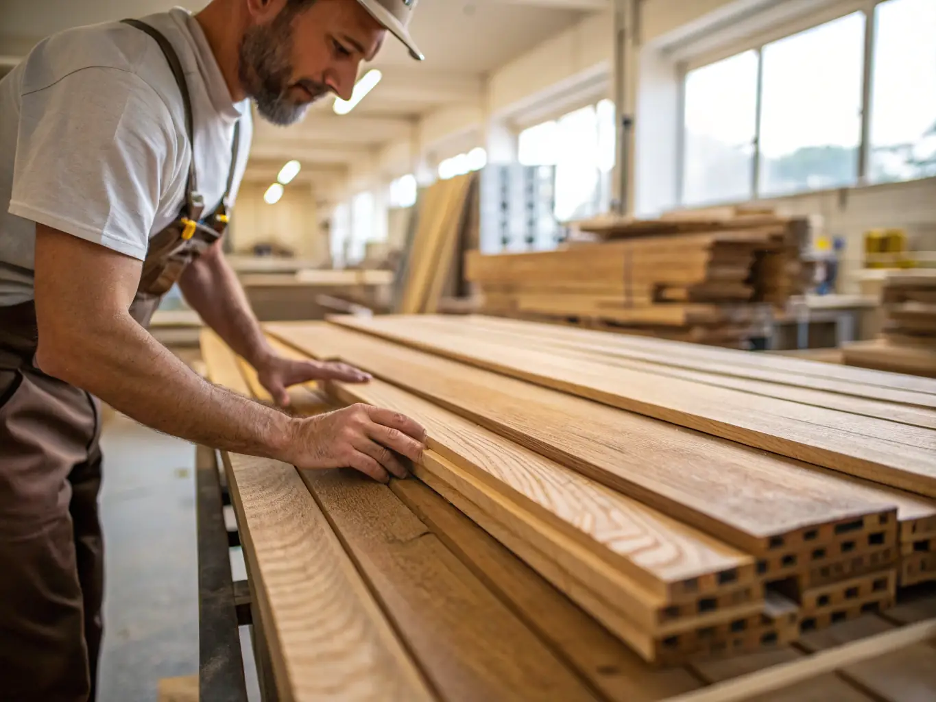 A close-up shot of a craftsman carefully selecting a piece of hardwood for a resin table, showcasing the natural grain and texture of the wood.